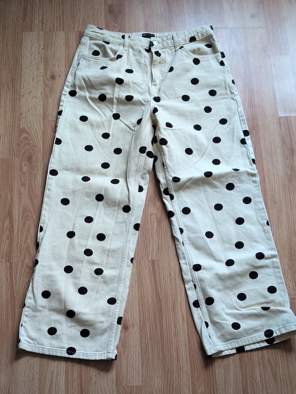 ASOS Cream Wide Leg Pants with Black Polka Dots Size 10